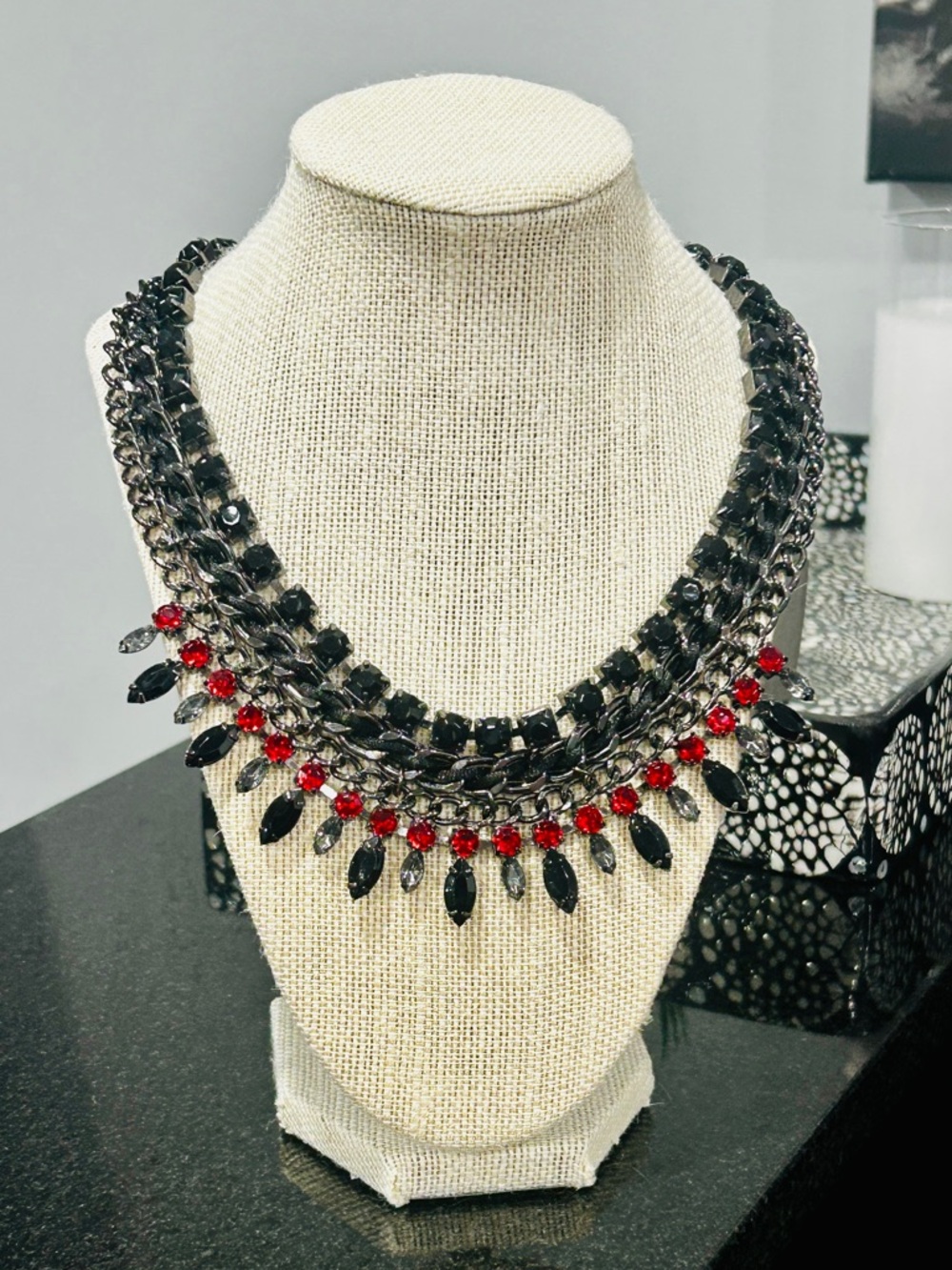 Bold Black and Red Crystal Bib Necklace